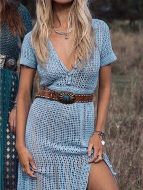 Chasing Unicorns Light Blue Crochet Maxi Dress I am on fire maxi dress small